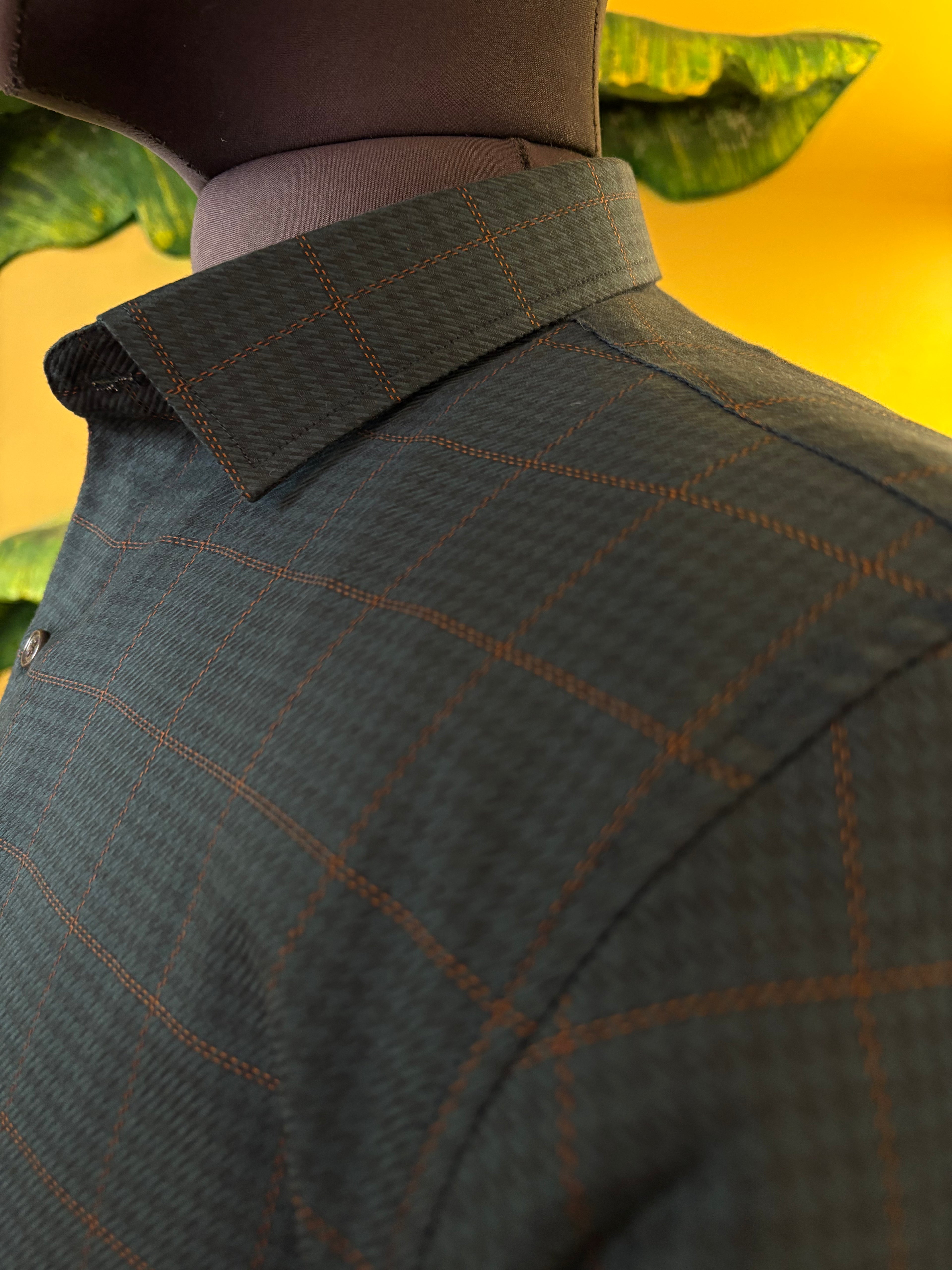 Politico mens dark moss twill and checks giza cotton shirt