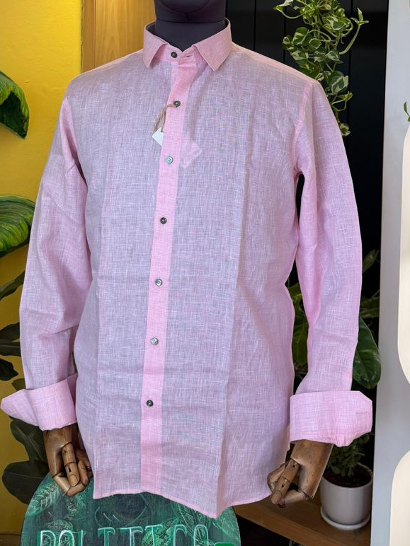 Self textured baby pink linen shirt