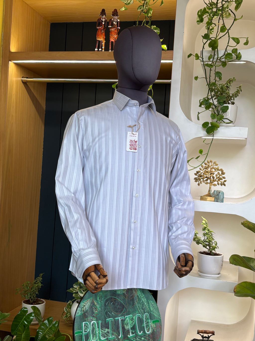 Politico mens Giza twill cotton shirt silver and grey stripes